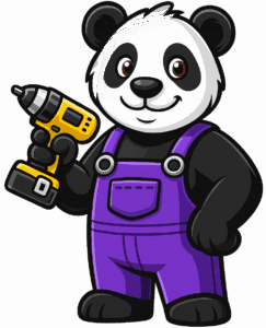 Panda Handyman mascot in purple overalls holding a cordless drill